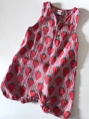 EUC Bobo Choses Pink Strawberry Print Sleeveless Cotton Romper 18/24m